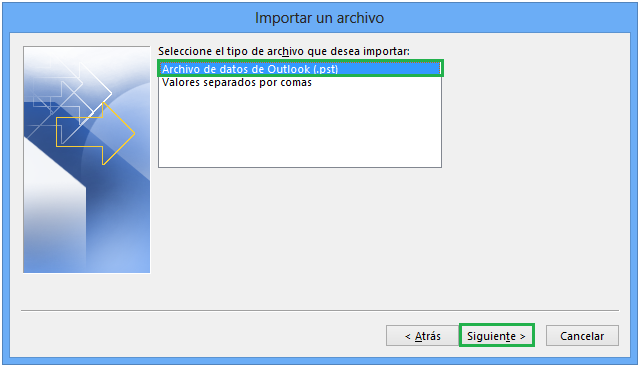 4. Haga clic en Archivo de datos de Outlook (.pst) y, a continuación, en Siguiente. 5.