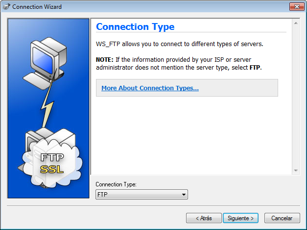 d. Haga clic en la lista desplegable Connection Type (Tipo de conexión), seleccione FTP (el tipo de conexión predeterminado) y haga clic en Next. e. En el campo Server Address (Dirección de servidor), escriba ftp.
