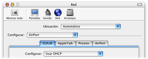 Configuración de ordenadores cliente Para configurar los ajustes TCP/IP en ordenadores cliente mediante AirPort: m En el Mac OS X, elija AirPort en el menú local Configurar de las preferencias de red