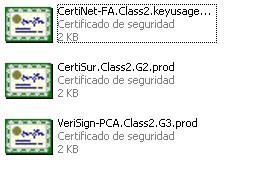Descomprimir el archivo zip en una carpeta local Se obtendrán 3 certificados: CertiNet-FA.Class2.keyusage.cer CertiSur.Class2.prod.