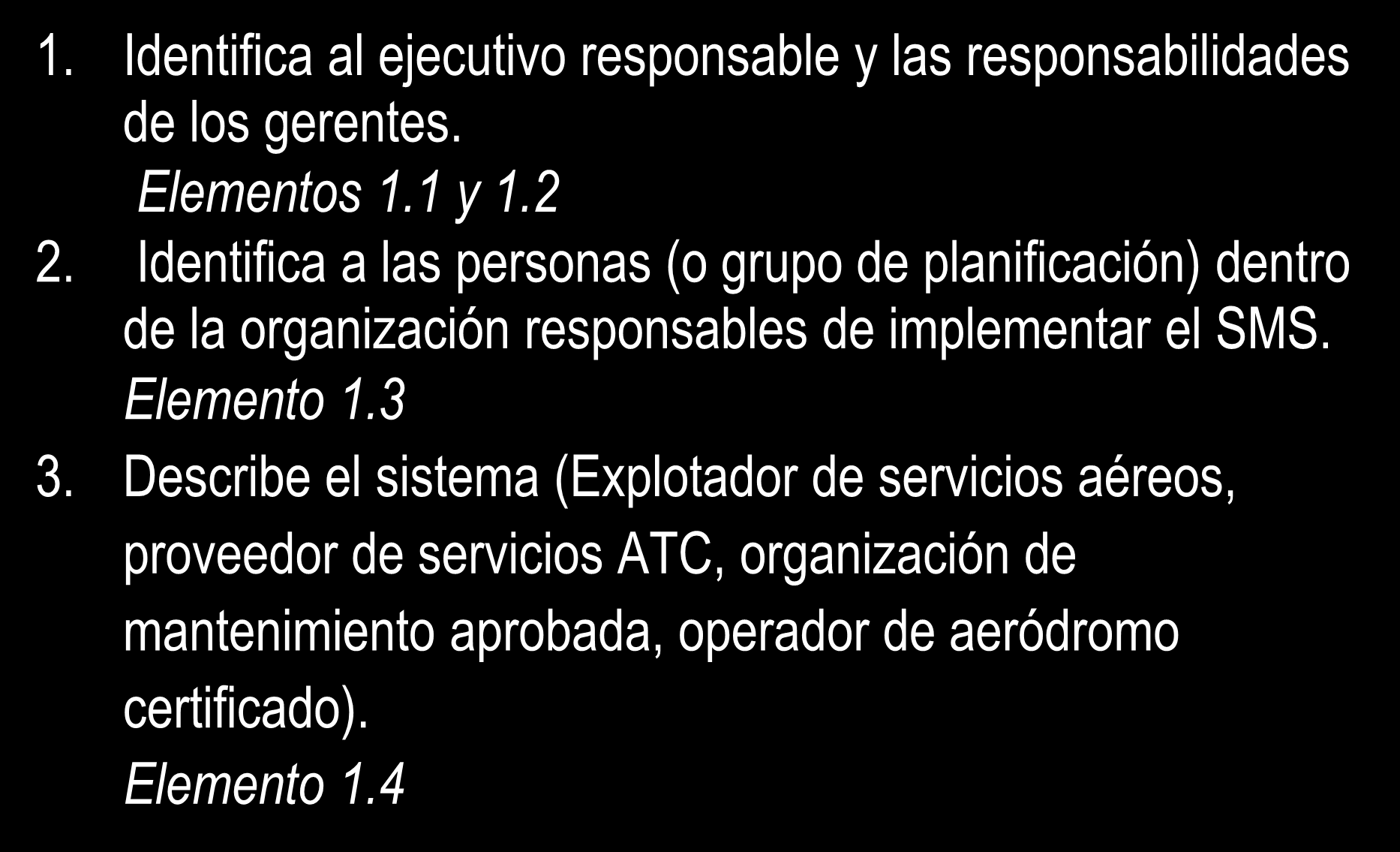 Fase 1 1. Identifica al ejecutivo responsable y las responsabilidades de los gerentes. Elementos 1.1 y 1.2 2.