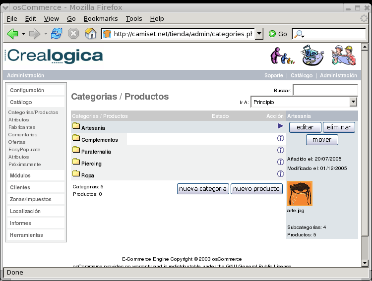 Encontrará la dirección del panel de control, así como su usuario y contraseña, en el mail de bienvenida a Crealogica.com. Pinche en Catálogo para acceder al mantenimiento de artículos y categorías.