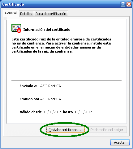 Seleccionar Instalar certificado : Click en Siguiente : Seleccionar Colocar todos los certificados en el siguiente almacén y click en Examinar.