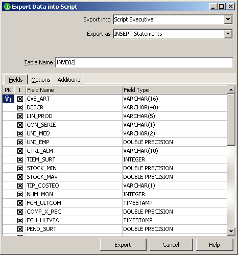 c) Seleccionar la opción de Export into script con el botón ó desde el menú Tabla en la misma consulta de la tabla, para que los registros de dicha