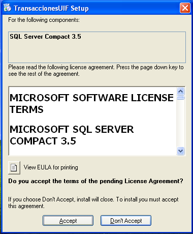 6 c Aceptar términos y Condiciones del SQL Server Compact: