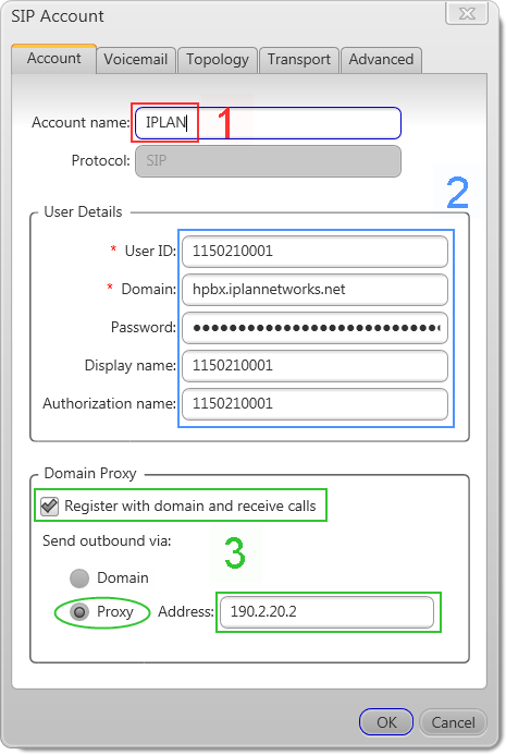 2.1 ACCOUNT Para la configuración del Interno, utilizaremos como ejemplo el número 1150210001 con clave SIP 12345678. Estos datos tendrás que reemplazarlos por los provistos en el mail de activación.