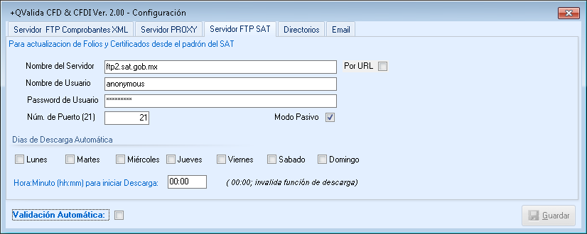 Servidor FTP SAT En esta opcion se especifica el nombre del servidor, el usuario y password de donde se conectara el sistema para actualizar la base de datos ( Esta configuracion viene