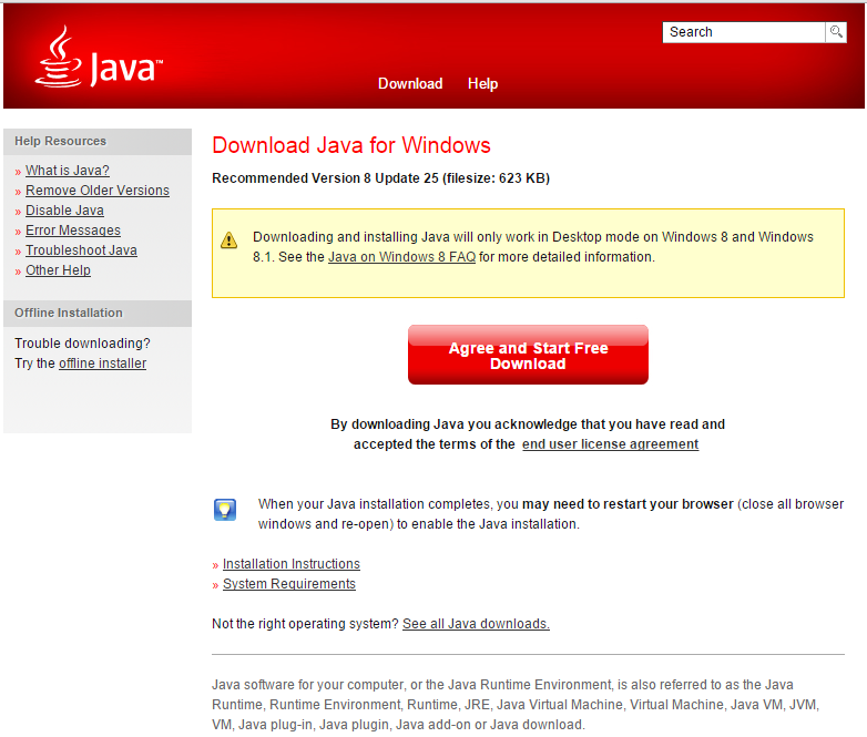 Ilustración 90. Página web de Java: descarga de JRE 1.