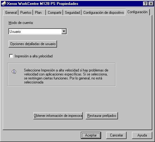 3 Funcionamiento en Windows NT 4.0 Opciones de la ficha Configuración En esta sección se describen las opciones de la ficha Configuración.