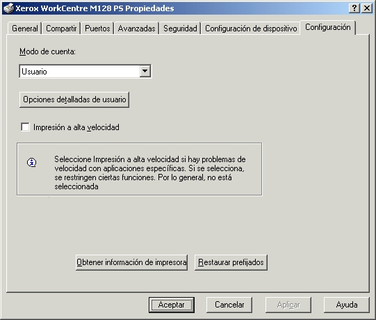 4 Funcionamiento en Windows 2000, Windows XP y Windows Server 2003 Opciones de la ficha Configuración En esta sección se describen los ajustes de la ficha Configuración.