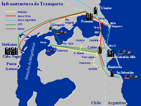 En la Figura N 3.7.2 se señala esquemáticamente la infraestructura de transporte de los distintos hidrocarburos para la zona de Magallanes. Figura 3.7.2 Infraestructura de Transporte de Magallanes.