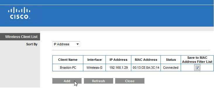 Paso 8 Aparece la pantalla Filtro de MAC inalámbrico (Wireless MAC Filter). Seleccione Habilitado > Evitar (Enabled > Prevent); haga clic en Lista de clientes inalámbricos (Wireless Client List).