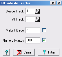 Filtrar tracks Seleccionando el icono Control Filtro Tracks accederemos a la ventana Filtrado de Tracks la cual nos permite hacer un filtrado de los puntos del track.