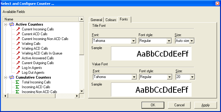 Monitor ACD - 11: Configurando contadores- 4: 6. Hacer click en la pestaña Fuentes 7. Ajusta el Tipo/Estilo y tamaño de la fuente para el titulo del contador y el valor del contador. 8.