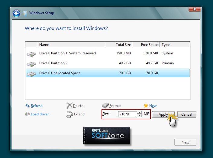 Una vez hechas todas las particiones que queremos, seleccionamos la partición donde queramos instalar Windows 8