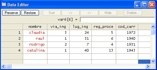4.1. CREACIÓN DE RÓTULOS label Figura 4.1: Distinción del tipo de variable. obs: 4 Alumnos Matriculados UV vars: 5 13 Dec 2005 21:35 size: 68 (99.