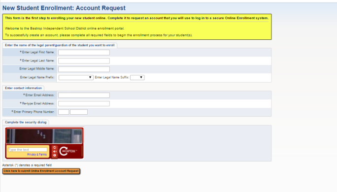 Después de tener una cuenta de correo electrónico activa tendrá que crear una cuenta de Bastrop ISD Enrollment.