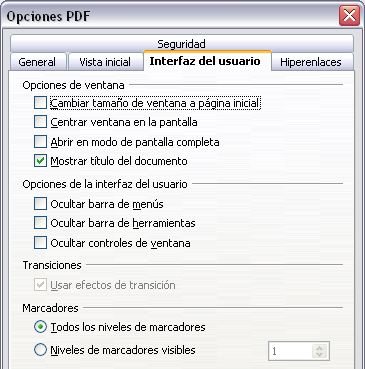 Figura 4: Pestaña Interfaz del usuario en el cuadro de diálogo Opciones PDF Sección Opciones de la interfaz del usuario Ocultar barra de menús. Hace que el visor de PDF oculte la barra de menú.