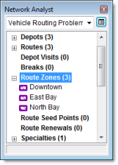 6. Repita los pasos 1-6 para agregar dos zonas de ruta más: una para North Bay y otra para East Bay. El mapa y la ventana de Network Analyst deben contener tres objetos de zona de ruta.