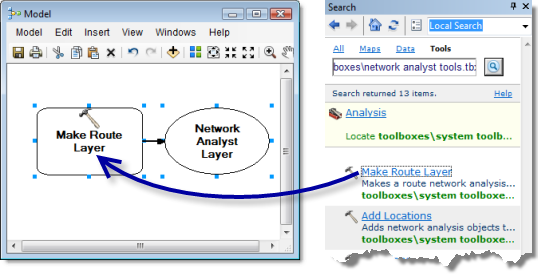 2. Haga clic en Herramientas de Network Analyst en la lista de cajas de herramientas en la ventana Buscar.
