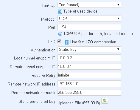 OpenVPN Configuración servidor router (TUN) Modo Tunel Protocolo Puerto Compresión Tipo de clave (estática por sencillez) Dirección IP del extremo local del túnel Dirección IP del extremo remoto del