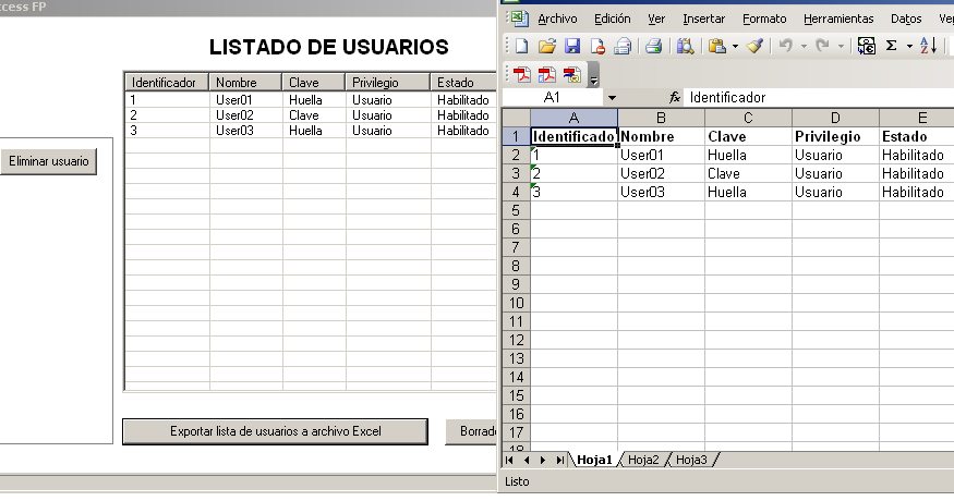 Para exportar el listado de eventos hacer clic sobre el botón Exportar lista de eventos a archivo Excel desde el Menú de Control de presencia (la pantalla principal de Simon Alert Access FP).