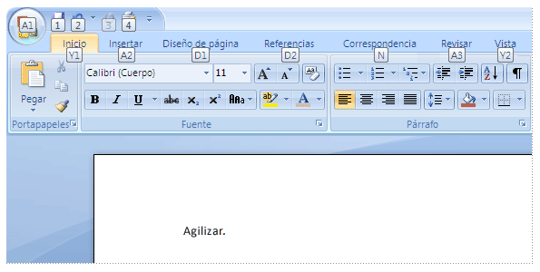 Utilizar el teclado Presione ALT para que se muestren los identificadores de las sugerencias de teclas correspondientes a las fichas de la cinta de opciones, el botón de Microsoft Office y la barra