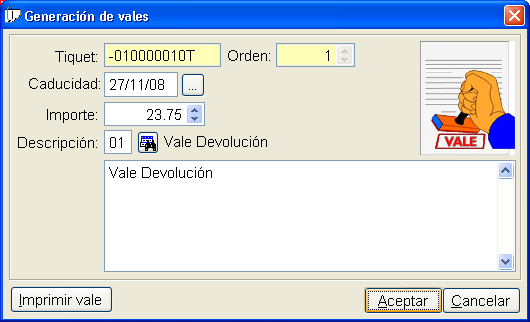 Orden: Número que indica la cantidad de vales realizados a partir del mismo ticket. No se puede modificar. Caducidad: Fecha de caducidad del vale.