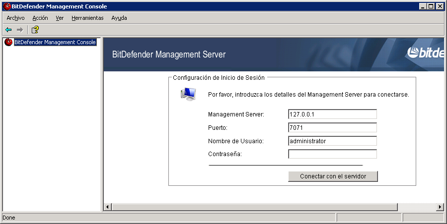 12.2. Conectándose con BitDefender Management Server Siempre que abra la consola de administración, deberá introducir los datos para iniciar la sesión en la instancia de BitDefender Management Server