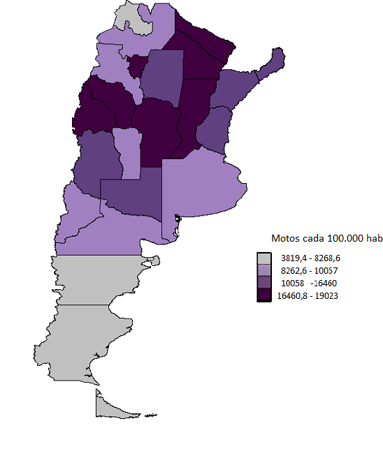 A continuación se presentan la TMAPE en ocupantes de motos y la cantidad de motos por 1. habitantes, según jurisdicciones de Argentina para el año 212.