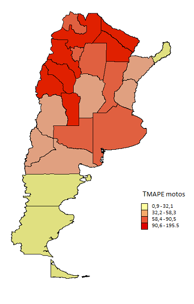 Mapa 3. Tasa Ajustada por Edad (por 1. habitantes) de egresos hospitalarios por lesiones en usuarios de motocicletas. Argentina, 211.