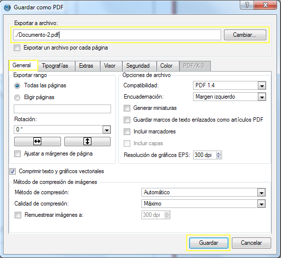 para entornos educativos Scribus pág. 29 3. Si se elije guardar como PDF aparecerá una nueva ventana para configurar el PDF. En Exportar a archivo, seleccionar Cambiar.