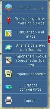 4. Herramientas del mapa Bajo el botón de Herramientas del mapa se presenta un listado de herramientas a) Lista de capas: permite visualizar el listado de capas disponibles en el visor de proyectos.