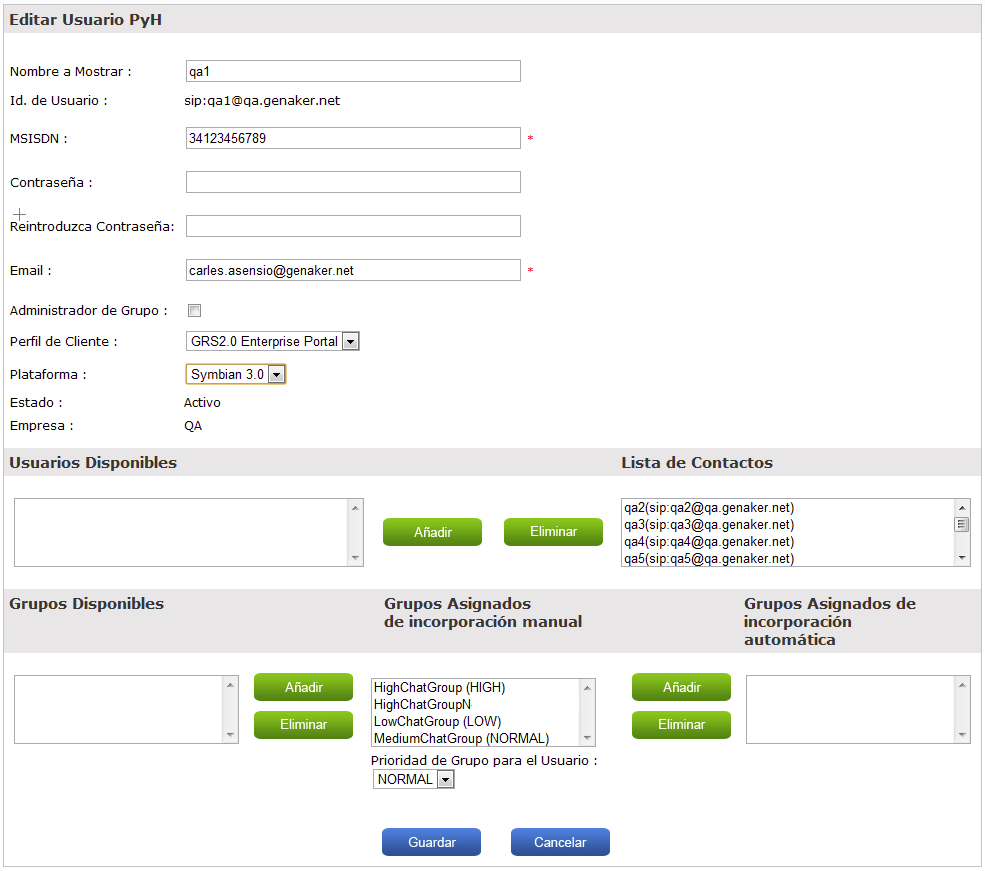 A modo de ejemplo se muestra la pantalla de edición de usuario PyH, que facilita la asignación de contactos y grupos a un