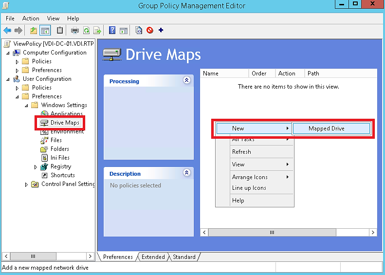 Figura 18. Abrir el cuadro de diálogo Mapped Drive Properties 4. Para crear la unidad mapeada de los archivos de usuario, siga estos pasos, como se muestra en la Figura 19: a.