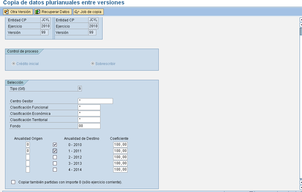 En la pantalla de selección de copia aparecerán para tantas líneas como años estén parametrizados en la versión de destino (además de la corriente).