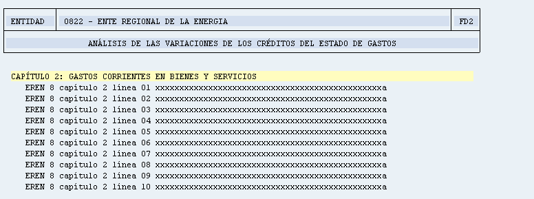 El informe de salida muestra los datos con el formato indicado en la edición de FD2 ordenador por sección y, en su caso, entidad.