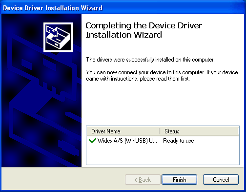 Instalación del driver del Widex USB Link bajo Windows Usted puede encontrar el archivo de instalación del driver en el CD de Compass (V5.1.0 o superior).