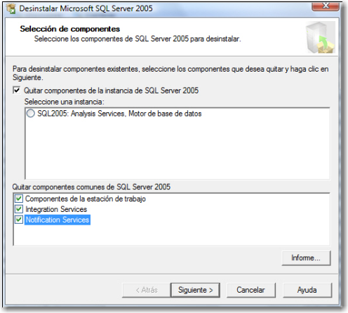 2. Dentro de la pantalla de Agregar o Quitar programas, ubicamos el programa Microsoft SQL Server 2005 y haga clic en el botón quitar.