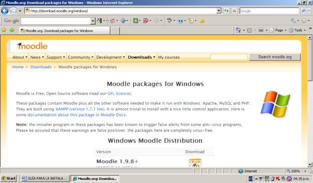 Figura 2: Selección de descarga de moodle para Windows.