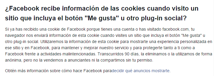 Utilidad cookies ejemplo facebook Fuente: https://www.facebook.com/help/206635839404055?