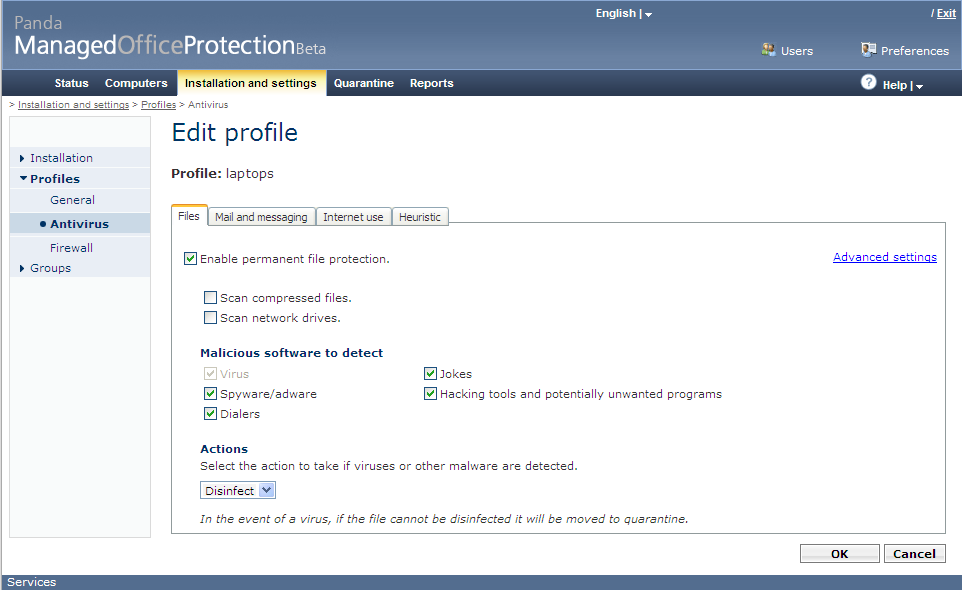 Por cada perfile de seguridad, configure ahora los aspectos relacionados con la protección antivirus.