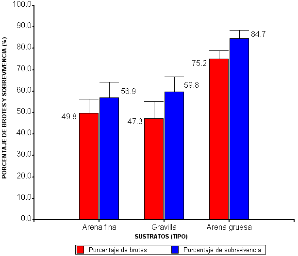 El porcentaje de sobrevivencia para la arena gruesa también superó significativamente (p 0.05) a la gravilla y arena fina en 24.9 y 27.8% respectivamente (Figura 4).