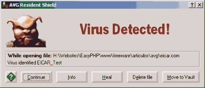 vemos de nuevo la posibilidad de "Check for Updates" y otra opción para acceder a la página de AVG (AVG-Free - Online Services). Cuando AVG detecta un Virus.