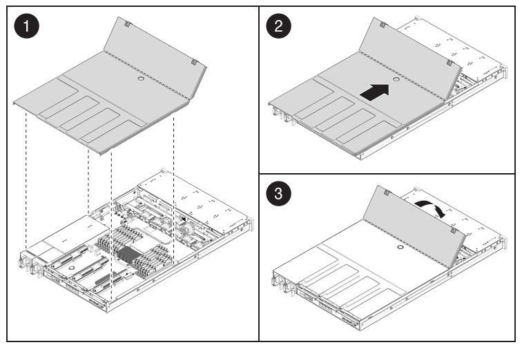 7.1 Instalación de la cubierta superior Si ha retirado la cubierta superior, realice estos pasos: 1. Coloque la cubierta superior sobre el chasis.