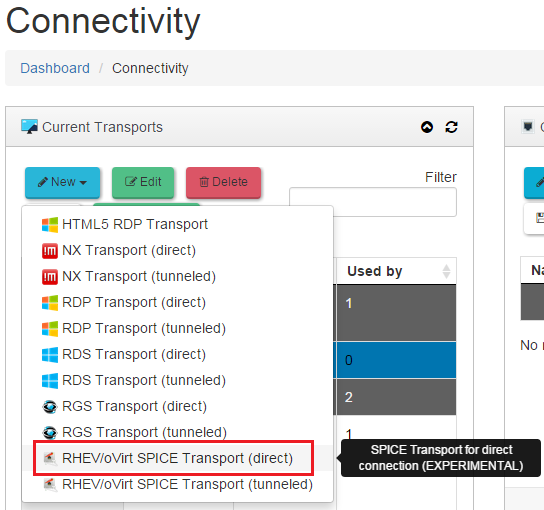 4.6.10 RHEV/oVirt SPICE Transport (direct) Un "RHEV/oVirt SPICE Transport (direct)" permite acceso a escritorios virtuales mediante el protocolo SPICE.