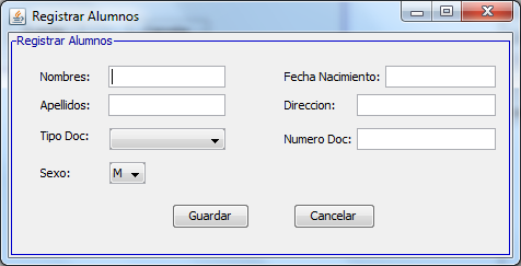 Paquete Vista: o Formulario Registrar Alumno Para realizar el registro de alumnos se debe crear la siguiente interface: Se debe usar el componente micombobox para mostrar los tipos de documentos