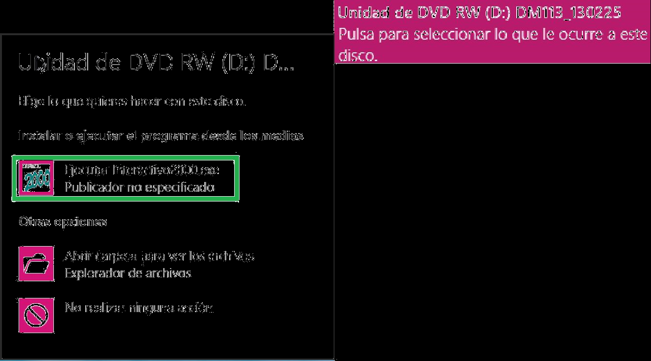 B) Si su sistema operativo es windows vista, windows 7 o windows 8 (versiones profesionales o superiores) en cuanto inserte el dvd (disco de instalación) le aparecerá el mensaje e arriba.