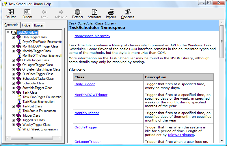 Figura 2.10 Archivo de Ayuda de la librería del TaskScheduler 2.7 Introducción a Microsoft SQL Server Gestor de base de datos relacional.