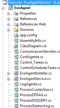 Proyecto EvoAgent Se trata de un proyecto Visual Studio de tipo Servicio de Windows y es utilizado para generar el servicio de Windows que se instala en las máquinas cliente y que comprende toda la